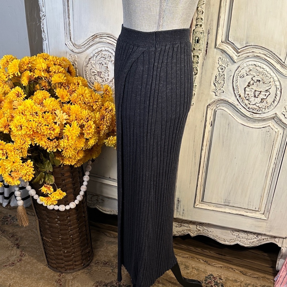 Free People Better Days Grayed Blue Elegant Ribbed Knit Maxi Skirt / Deep Slit - Picture 6 of 11